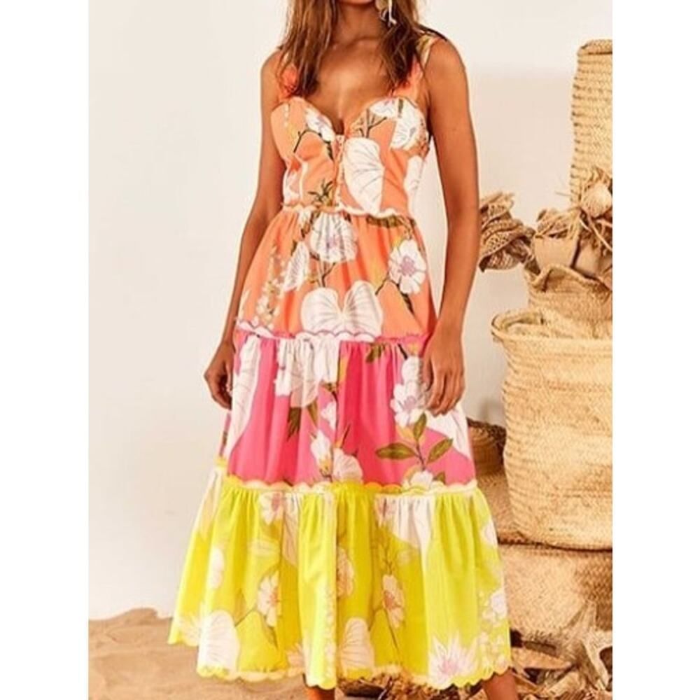 Farm Rio Neon Tiered Garden Midi Dress Sz. L